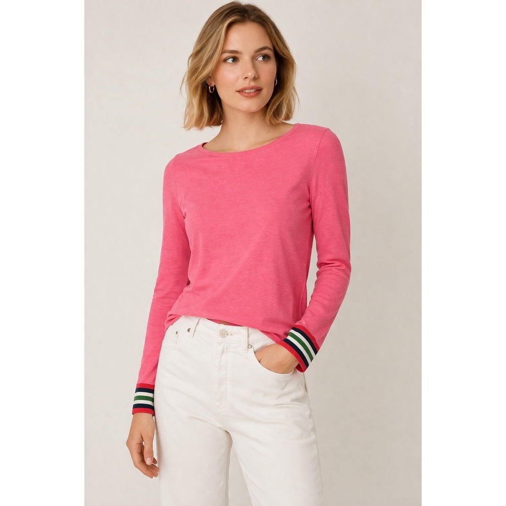 Boden Womens Pink Long Sleeve Boat Neck Top Striped Cuffs Size XS